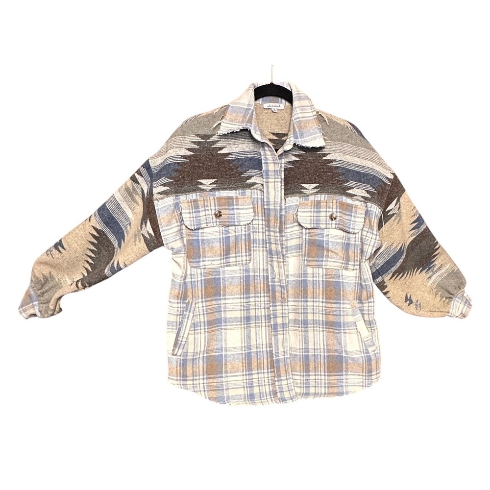 White Birch Shacket Women's Small Blue‎ Brown Aztec Plaid Button Up Jacket
